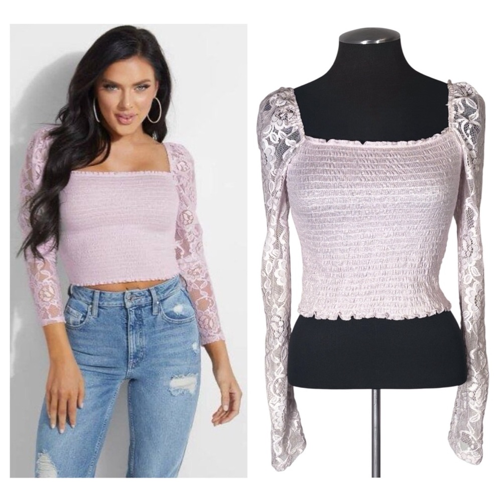 Guess – Nila Lace Sleeve Square Neck Pullover Smocked Crop Top – Medium